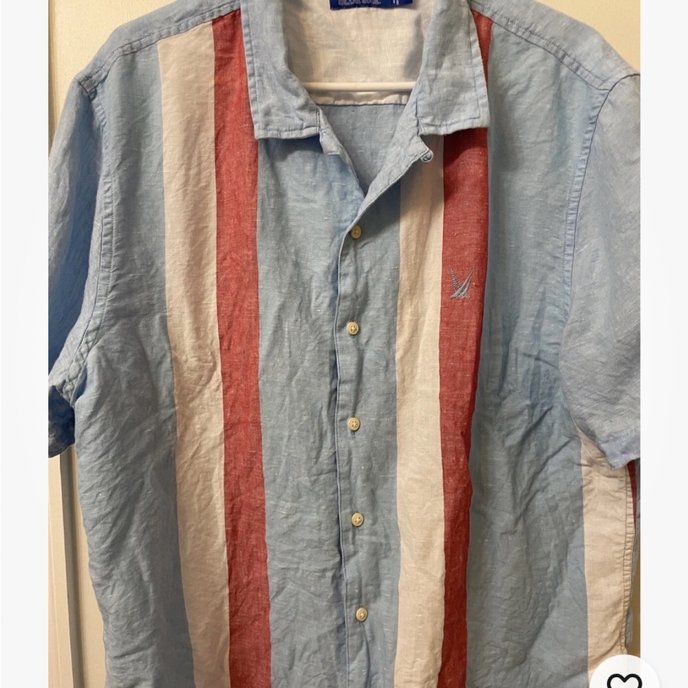 Nautica Men's Striped Blue and Red Linen Shirt Short Sleeve Button Up XL